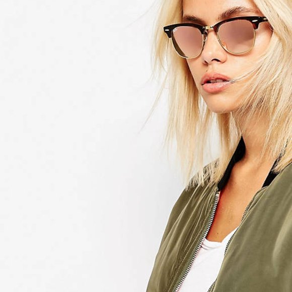 Ray-Ban Clubmaster Matte Black Frame on Gold Pink Reflective Lenses Sunglasses - Picture 6 of 6